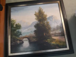 Cuadro al óleo paisaje puente río