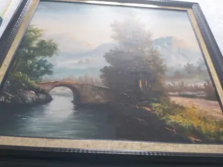 Cuadro al óleo paisaje puente río