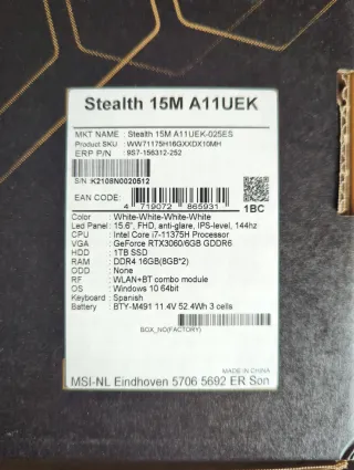 Portátil Gamer MSI STEALTH 15M A11UEK