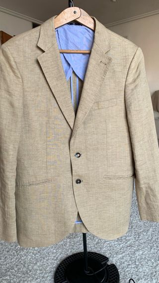 Chaqueta americana beige y forro azul Lino 100%