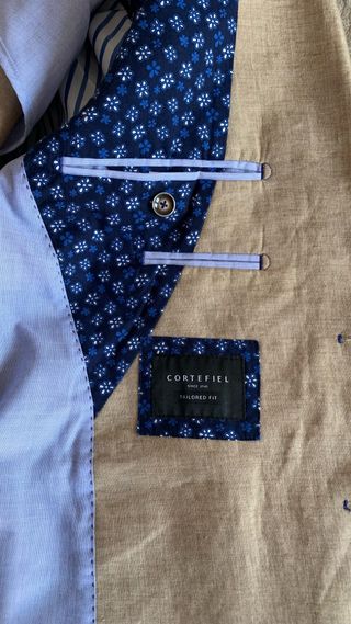 Chaqueta americana beige y forro azul Lino 100%