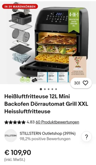 Freidora de aire 12L 4 en 1 1800 W