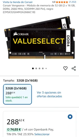 32GB RAM Corsair Gaming (no son las valueselect)