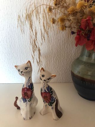 Figure di Gatti in Ceramica Vintage con Fiori