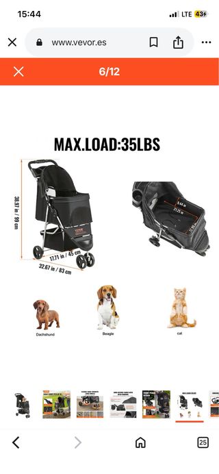 Cochecito Perros VEVOR 3 Ruedas Giratorias