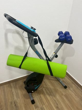 Bicicleta estática + barra fixa + 2 halteres de 4