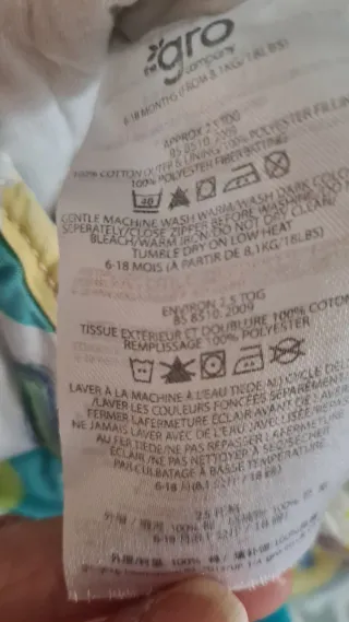 Saco de dormir para bebé 6-18Meses.  Grobag