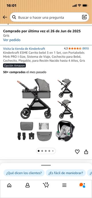 Carrito Kinderkraft ESME 2 en 1 Gris