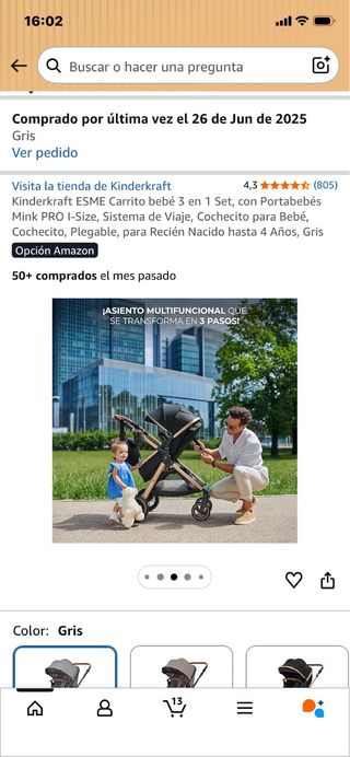 Carrito Kinderkraft ESME 2 en 1 Gris