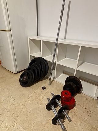 Pesas, barra 120 y mancuernas
