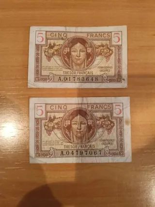 2 Billetes 5 Francos Franceses Ocupados