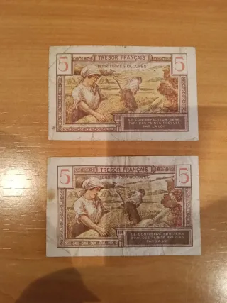 2 Billetes 5 Francos Franceses Ocupados