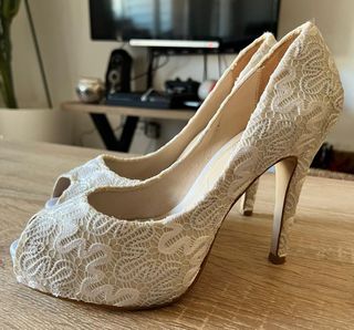 Tacones de Encaje Blanco Novia Boda - Talla 38