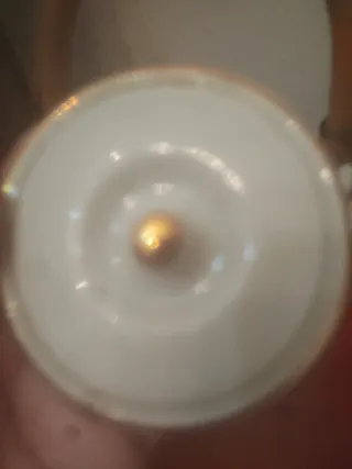 Preciosa tetera de porcelana con bordes dorados