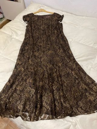 Vestido largo encaje marrón y dorado T.48/50