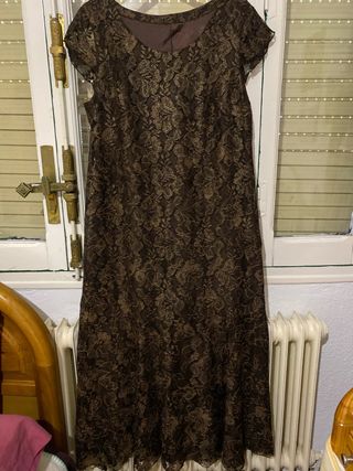 Vestido largo encaje marrón y dorado T.48/50