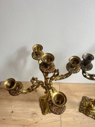 Pareja candelabros antiguos bronce macizo querubin