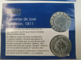 2 Monedas replica de 5 Ptas J. Napoleón y estuche.