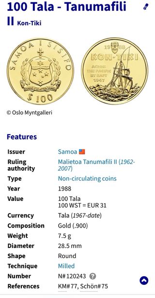 Moneda Oro 7,5 grs Kon Tiki 1988