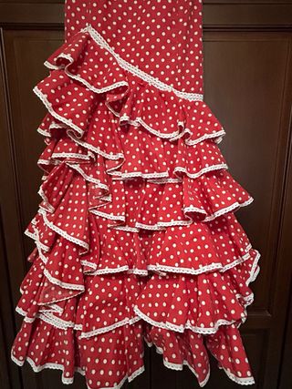 Traje Flamenca Rojo Lunar Blanco Talla XS