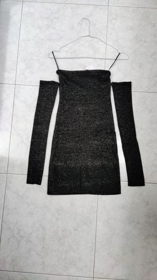 Vestido lúrex gris palabra de honor XS 34 Mango