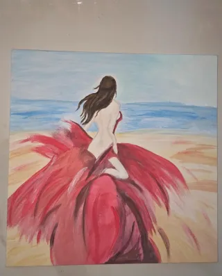 Quadro moderno 25x25 – Donna in abito rosso al mar