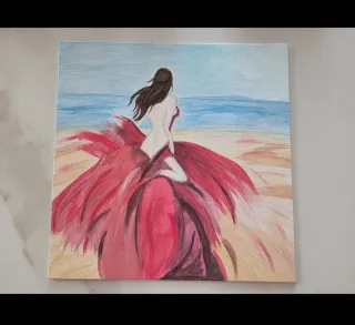 Quadro moderno 25x25 – Donna in abito rosso al mar