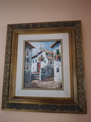 Cuadro al óleo casa de pueblo antigua