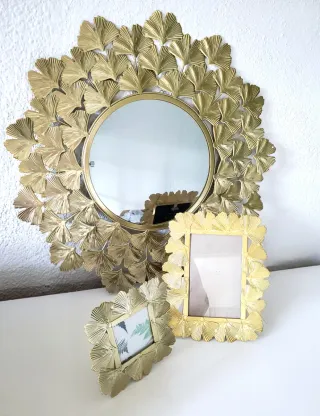 Espejo y 2 Marcos Decorativos Metal Dorado