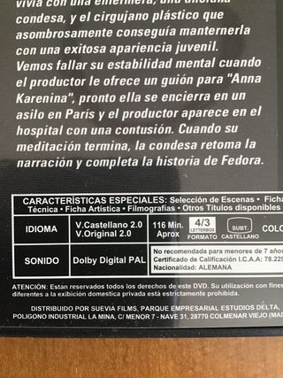 DVD Fedora - Billy Wilder - Audio Español e Inglés