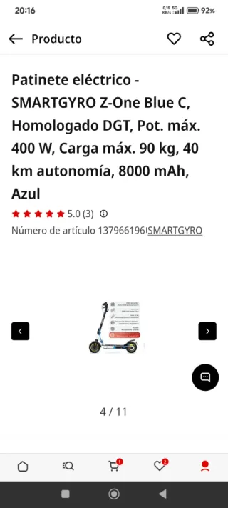 Patinete Eléctrico SMARTGYRO Z-One Blue C .Nuevo