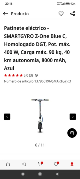 Patinete Eléctrico SMARTGYRO Z-One Blue C .Nuevo