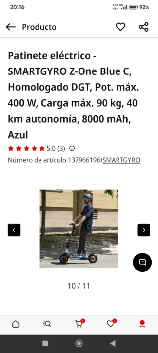 Patinete Eléctrico SMARTGYRO Z-One Blue C .Nuevo