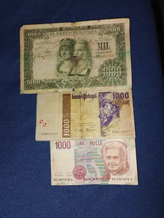 Lote billetes de 1000 pesetas escudos y liras