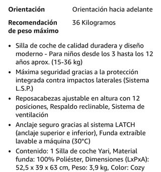 Silla coche 15-36kg grupo 2-3 marca CBX- Yari