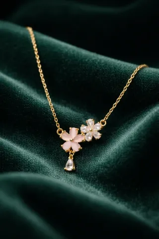 Collar Acero Baño Oro Flores Rosa y Blanca