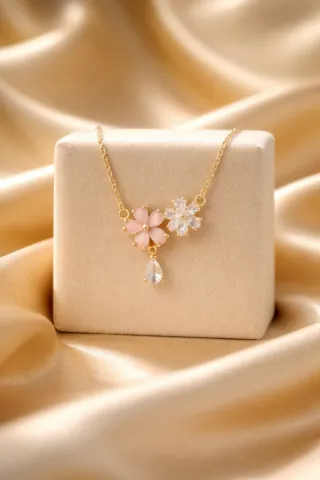 Collar Acero Baño Oro Flores Rosa y Blanca