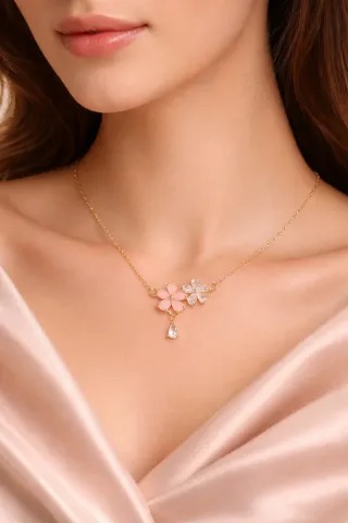 Collar Acero Baño Oro Flores Rosa y Blanca