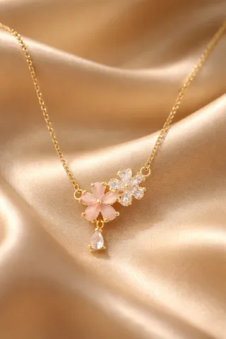 Collar Acero Baño Oro Flores Rosa y Blanca