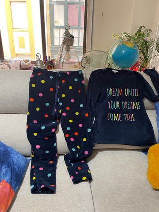 Pijama polar azul con lunares multicolor Talla XS