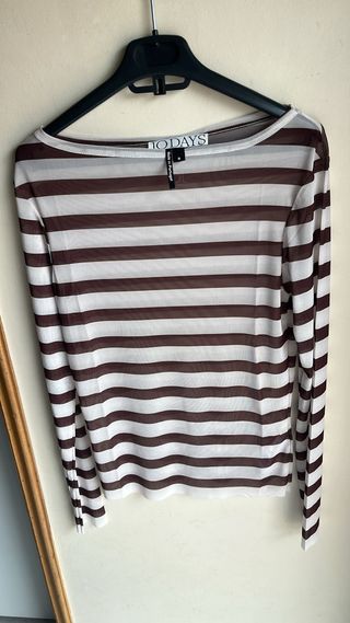 Blusa 10Days Listrada Castanha e Branca -Tamanho S