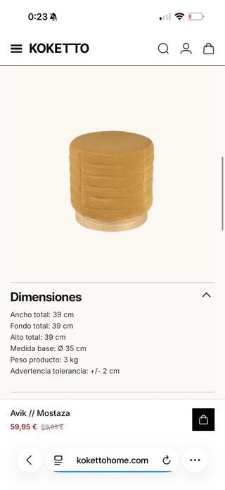 Puff redondo tapizado mostaza base madera