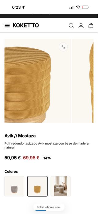 Puff redondo tapizado mostaza base madera