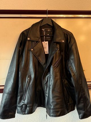 Cazadora Biker Efecto Piel Hombre Negra