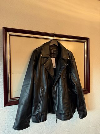 Cazadora Biker Efecto Piel Hombre Negra