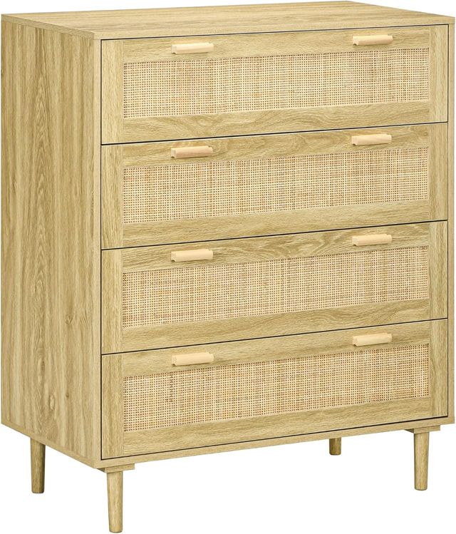 Cómoda 4 Cajones Estilo Boho, Comó en Madera y Ratán para Dormitorio y Entrada, 90X45X108.5Cm, Roble