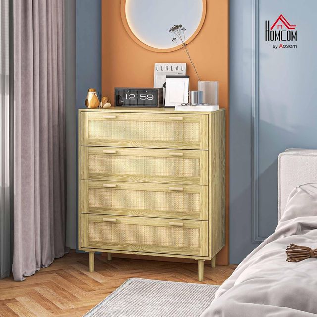 Cómoda 4 Cajones Estilo Boho, Comó en Madera y Ratán para Dormitorio y Entrada, 90X45X108.5Cm, Roble