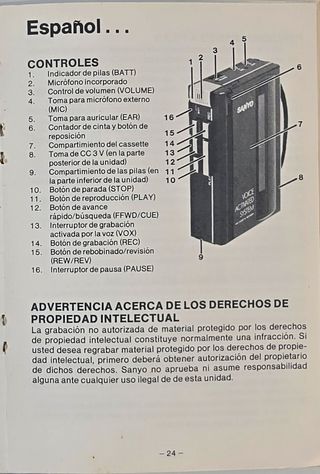 Walkman SANYO M-1115 Grab/Rep/Altav Coleccionismo