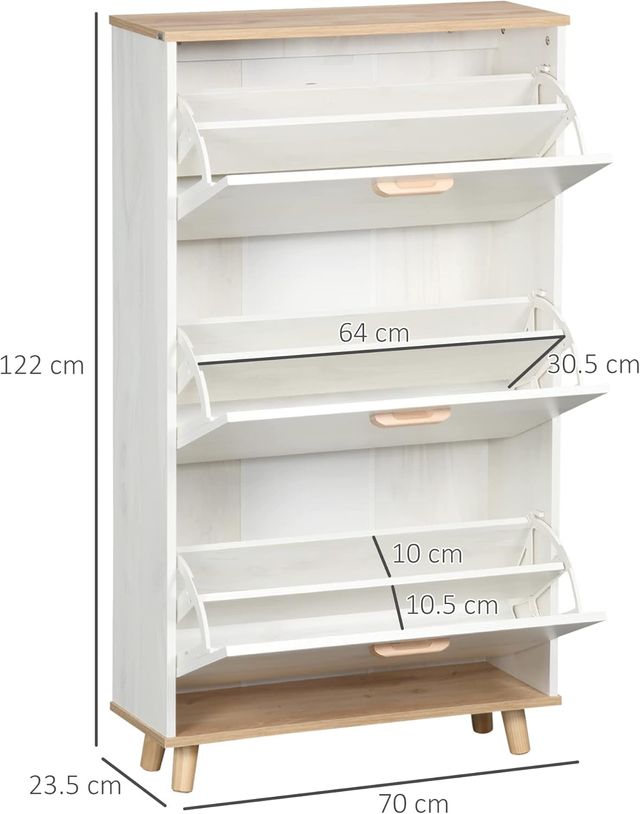 Mueble Zapatero Ahorra Espacio en Aglomerado con 3 Cajones y 2 Estantes Internos Regulables, 70X23.5X122 Cm, Blanco