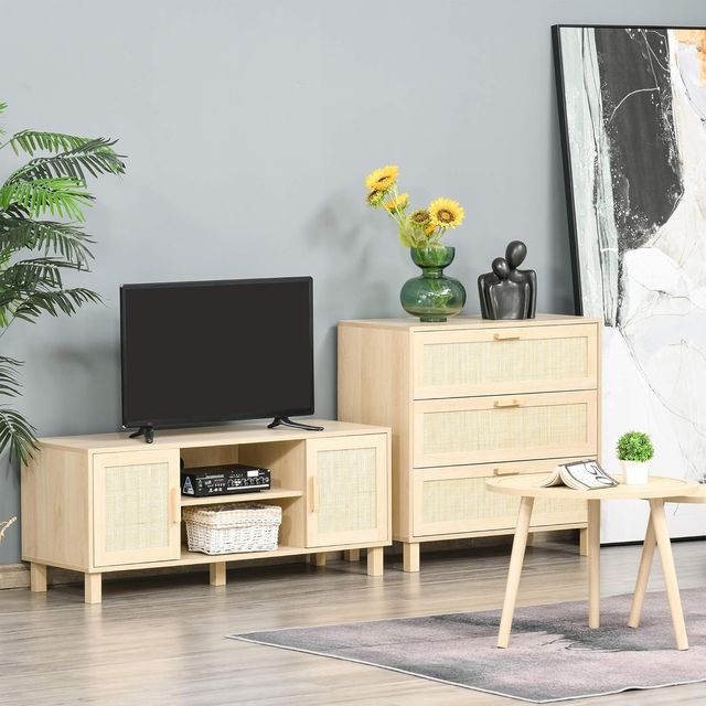 Mueble Porta TV Con Vani Abiertos Y Puertas de Ratan, Mueble para TV Hasta 50'', 115X40X48Cm, Color Madera